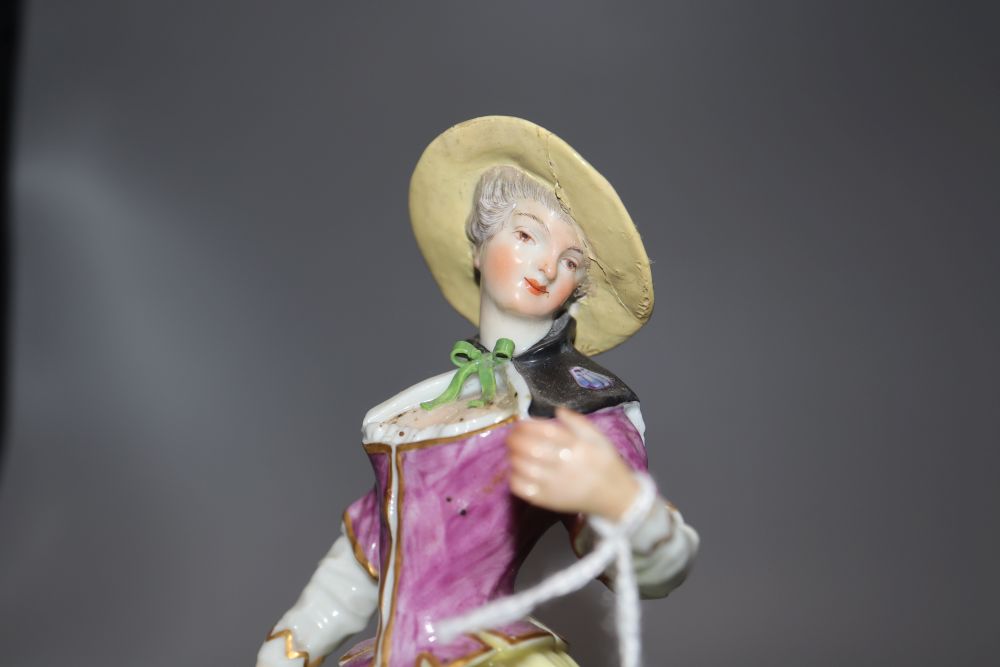 A Meissen style figure of a lady, height 19cm, and a biscuit bust of Shakespeare,